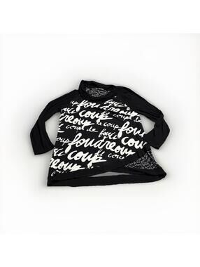 Chico's Zenergy Women 2-Large Top Tunic Black Cowl Neck French Script Print(A14)